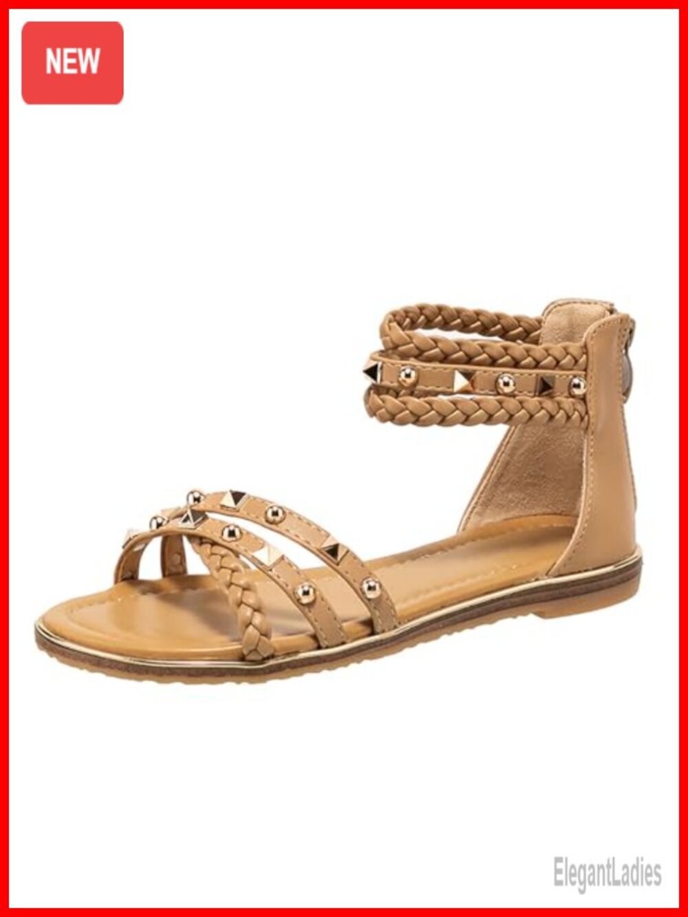 Rivet Strappy Open Toe Flat Sandals, Braid Ankle Strap Gladiator with Back